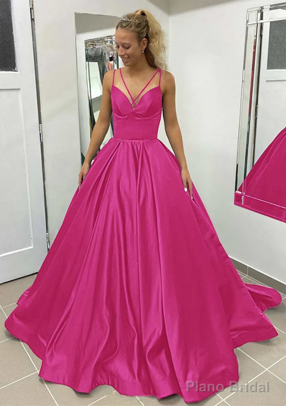 Ball Gown Sleeveless Scalloped Neck Sweep Train Satin Prom Dresses With Pleated Pockets