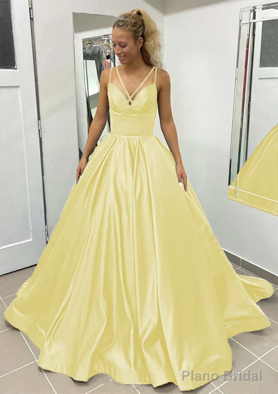 Ball Gown Sleeveless Scalloped Neck Sweep Train Satin Prom Dresses With Pleated Pockets
