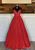 Ball Gown Sleeveless V Neck Long/Floor-Length Sequined Sparkling Prom Dresses With Pleated