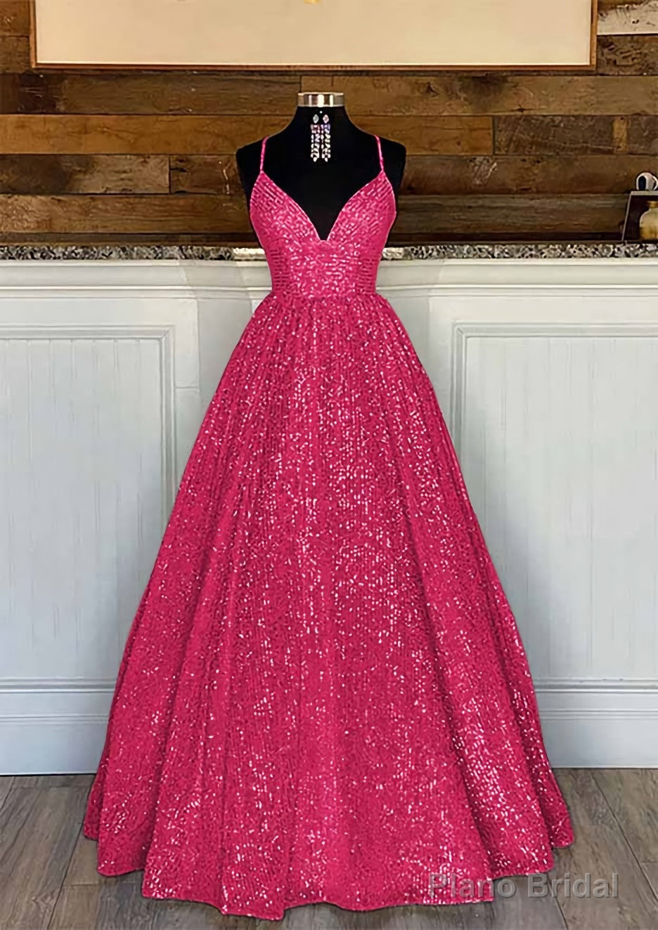 Ball Gown Sleeveless V Neck Long/Floor-Length Sequined Sparkling Prom Dresses With Pleated