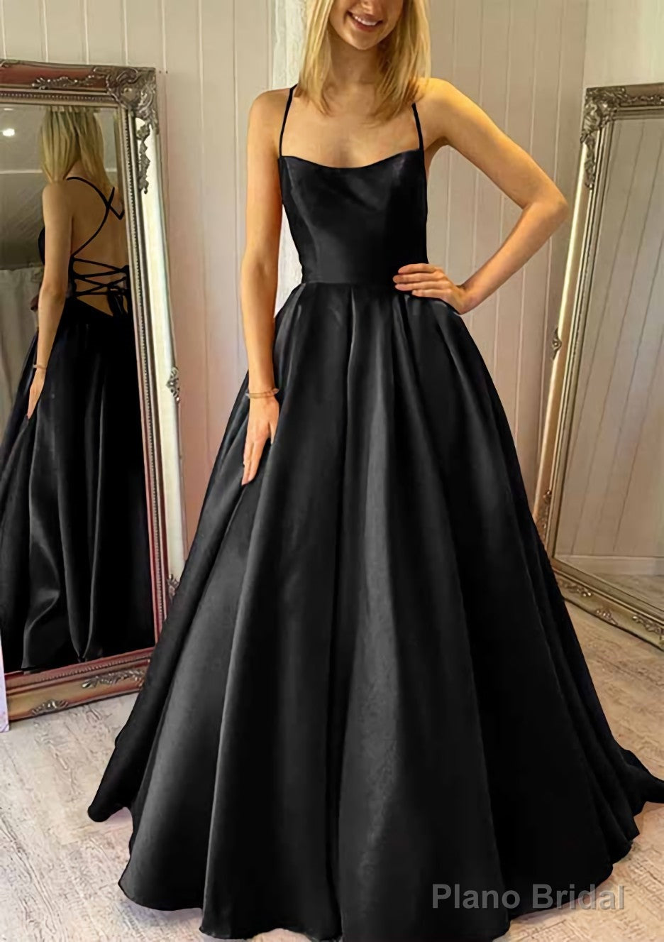 Ball Gown Square Neckline Sleeveless Satin Sweep Train Prom Dresses With Pleated Pockets