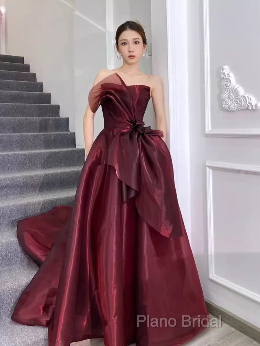 Ball Gown Strapless Burgundy Organza Formal Prom Dresses Formal Dresses