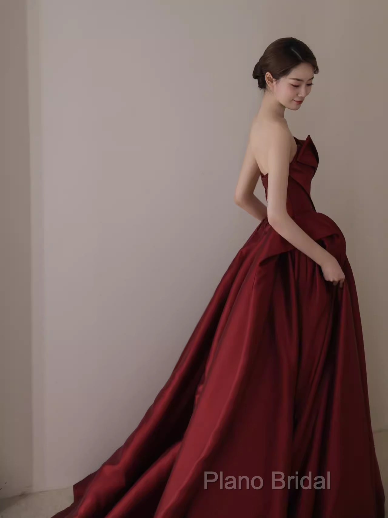 Ball Gown Strapless Burgundy Satin Formal Prom Dresses Formal Dresses