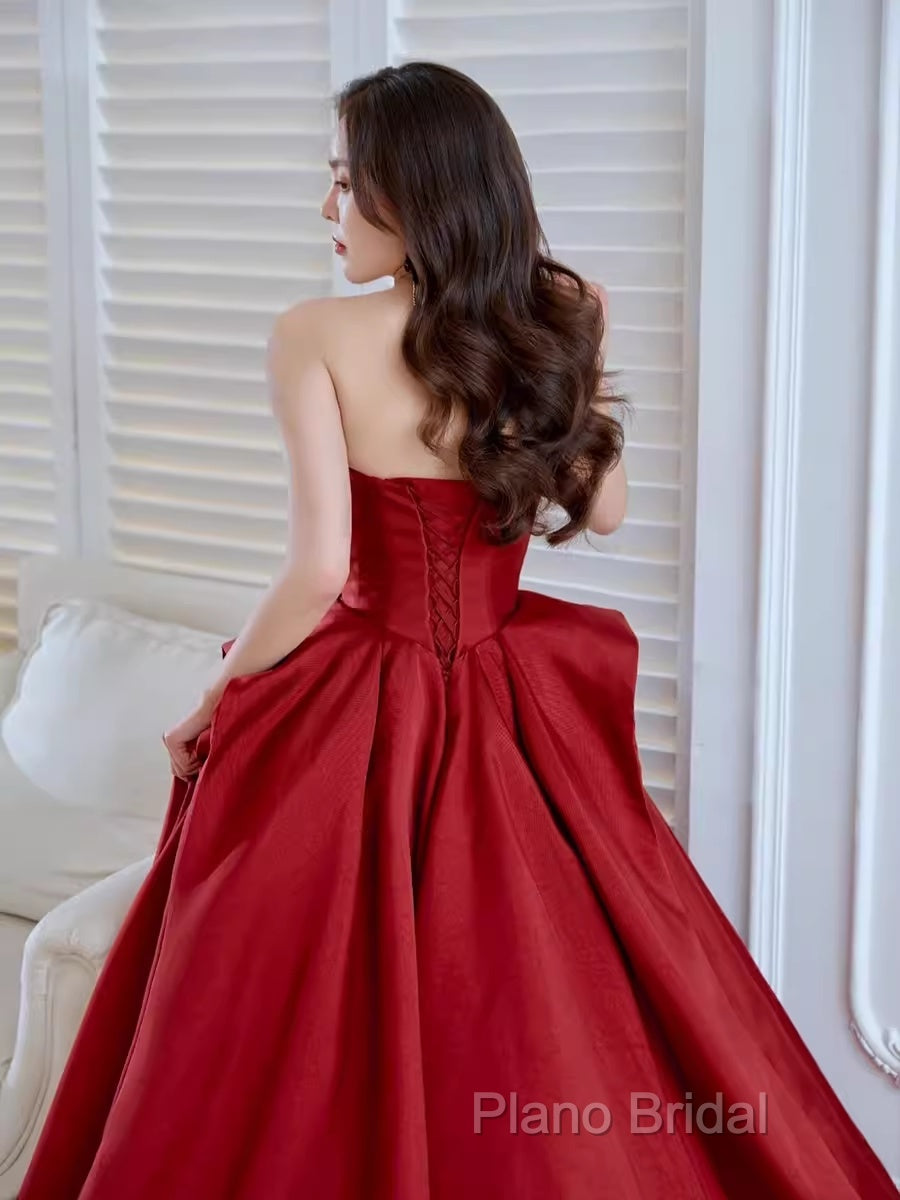 Ball Gown Strapless Burgundy Satin Formal Prom Dresses Formal Dresses
