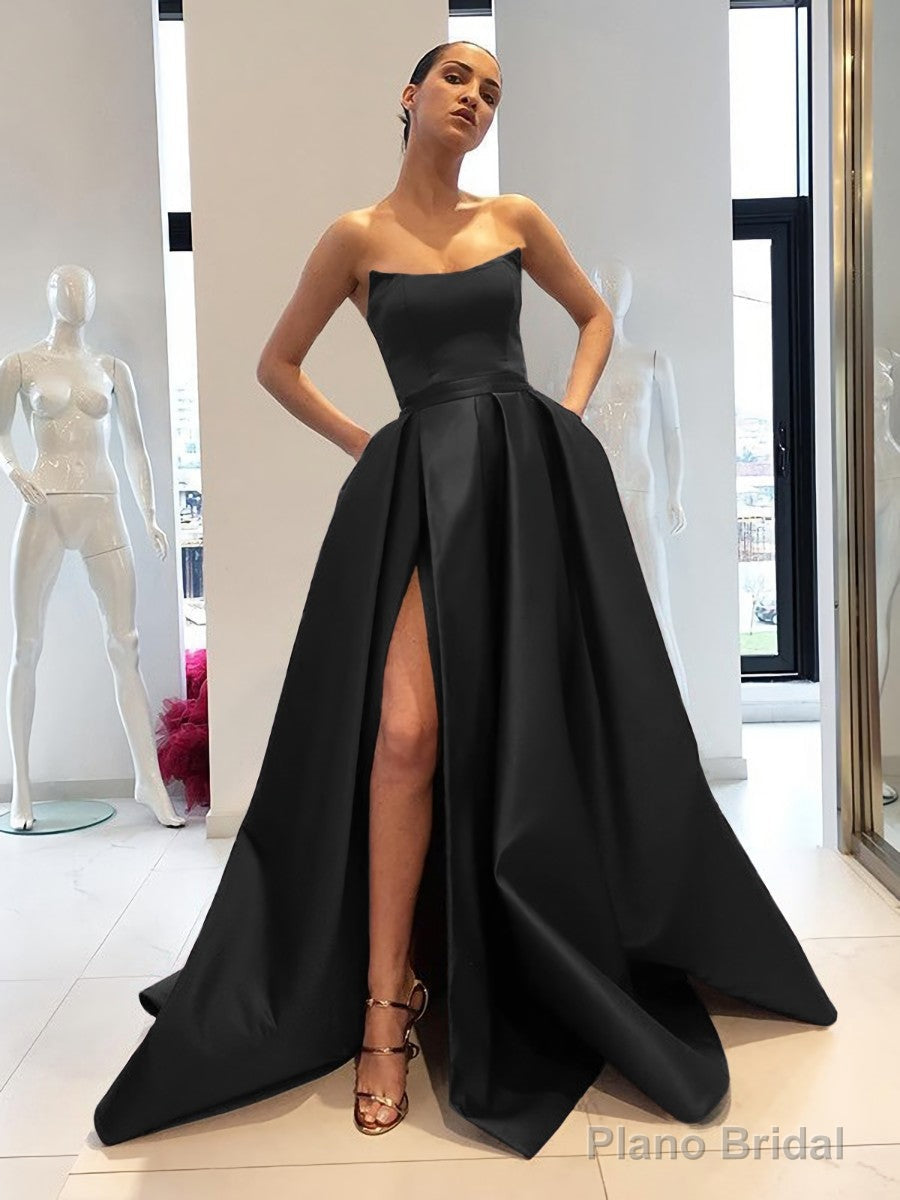 Ball Gown Strapless Sweep Train Satin Prom Dresses With Leg Slit Secondary image
