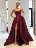Ball Gown Strapless Sweep Train Satin Prom Dresses With Leg Slit