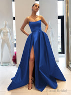 Ball Gown Strapless Sweep Train Satin Prom Dresses With Leg Slit
