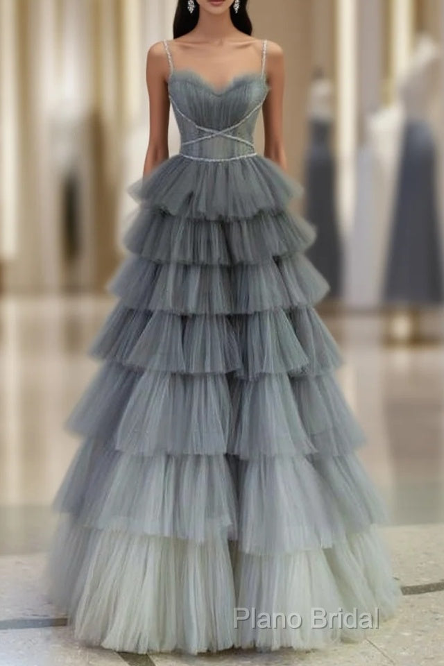 Ball Gown Strapless Tulle Long Gray Formal Prom Dresses Formal Dresses Main image
