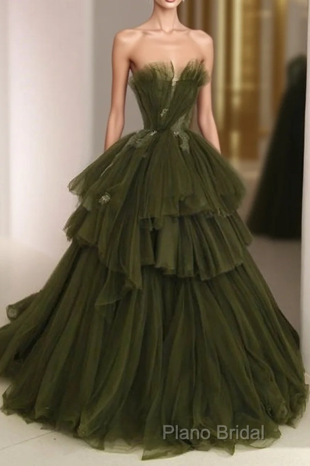 Ball Gown Strapless Tulle Long Green Formal Prom Dresses Formal Dresses