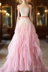 Ball Gown Strapless Tulle Long Pink Formal Prom Dresses Formal Dresses