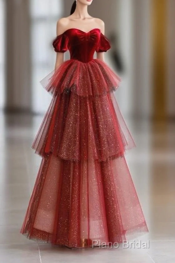 Ball Gown Strapless Tulle Long Red Formal Prom Dresses Formal Dresses Main image