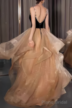 Ball Gown Straps Tulle Champagne Party Dress Long Prom Dress