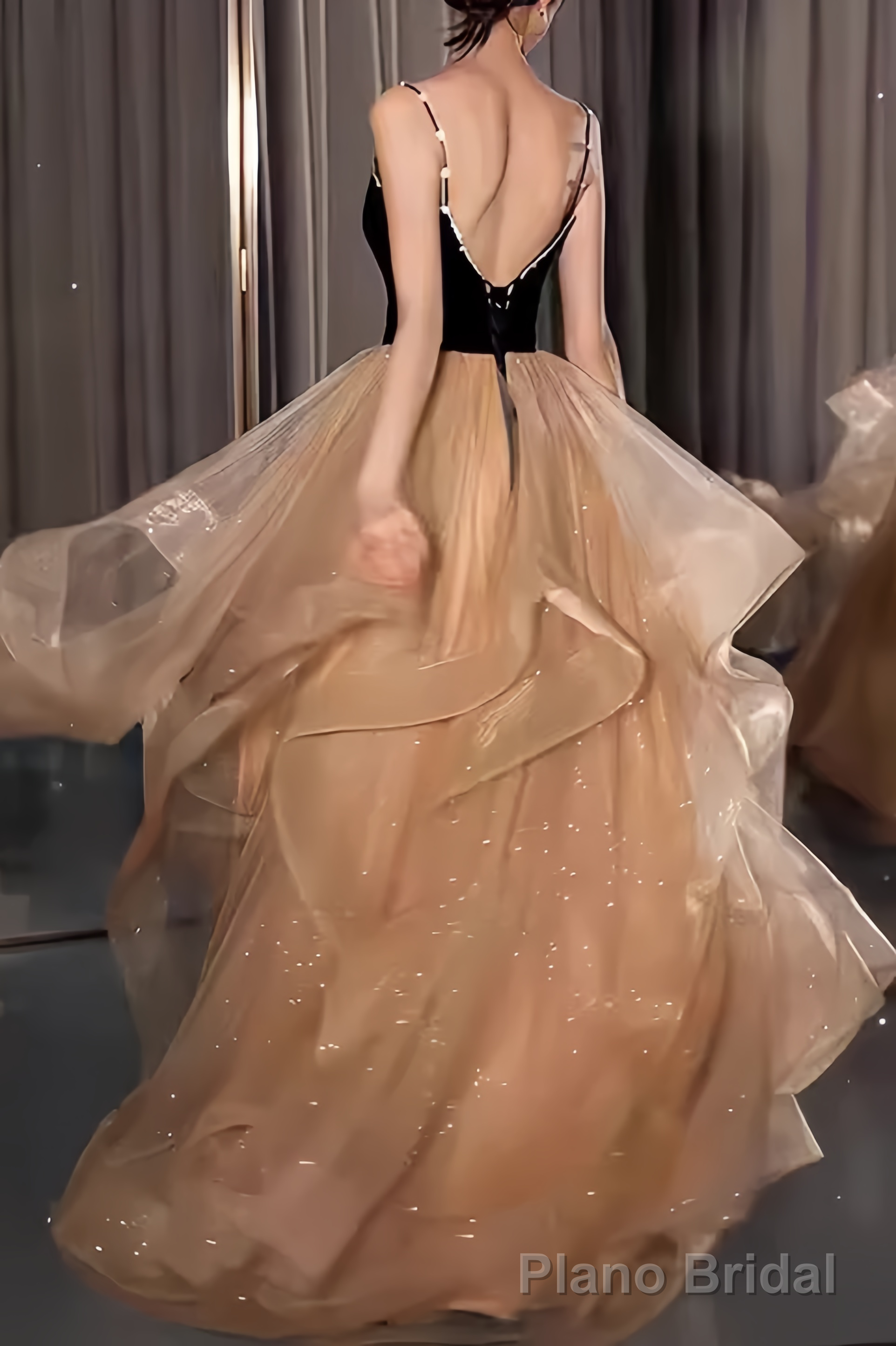 Ball Gown Straps Tulle Champagne Party Dress Long Prom Dress