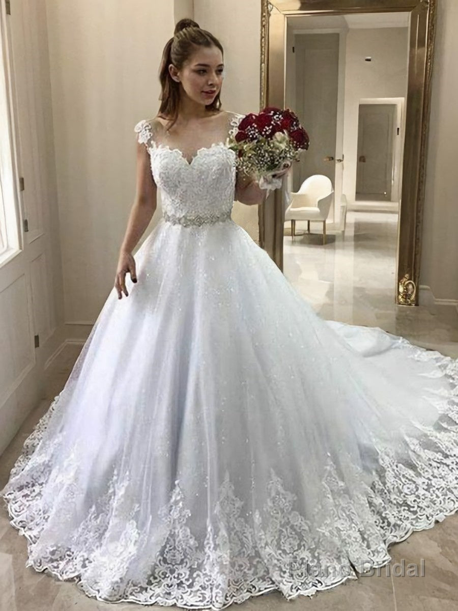 Ball Gown Sweetheart Court Train Tulle Wedding Dresses With Belt/Sash Main image