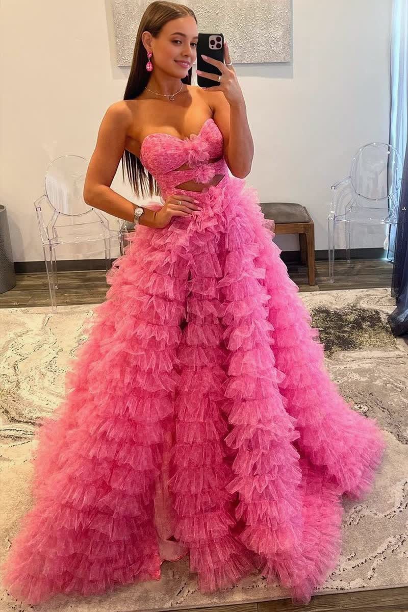 Ball Gown Sweetheart Pink Tiered Printed Tulle Prom Dress Main image