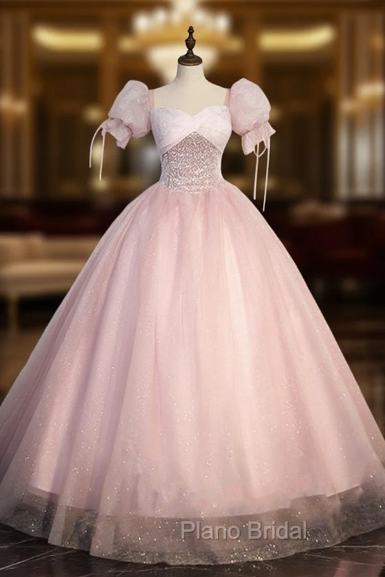 Ball-Gown Tulle  Pink Sweetheart Floor-Length Graduation Birthday Party Dresses with Sequined Main image