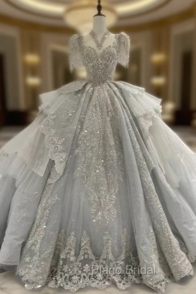 Ball Gown Tulle Sequins Long Train Wedding Dresses