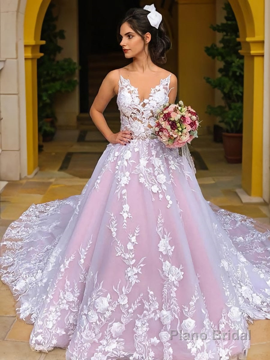 Ball Gown V-neck Chapel Train Lace Wedding Dresses With Appliques Lace Main image