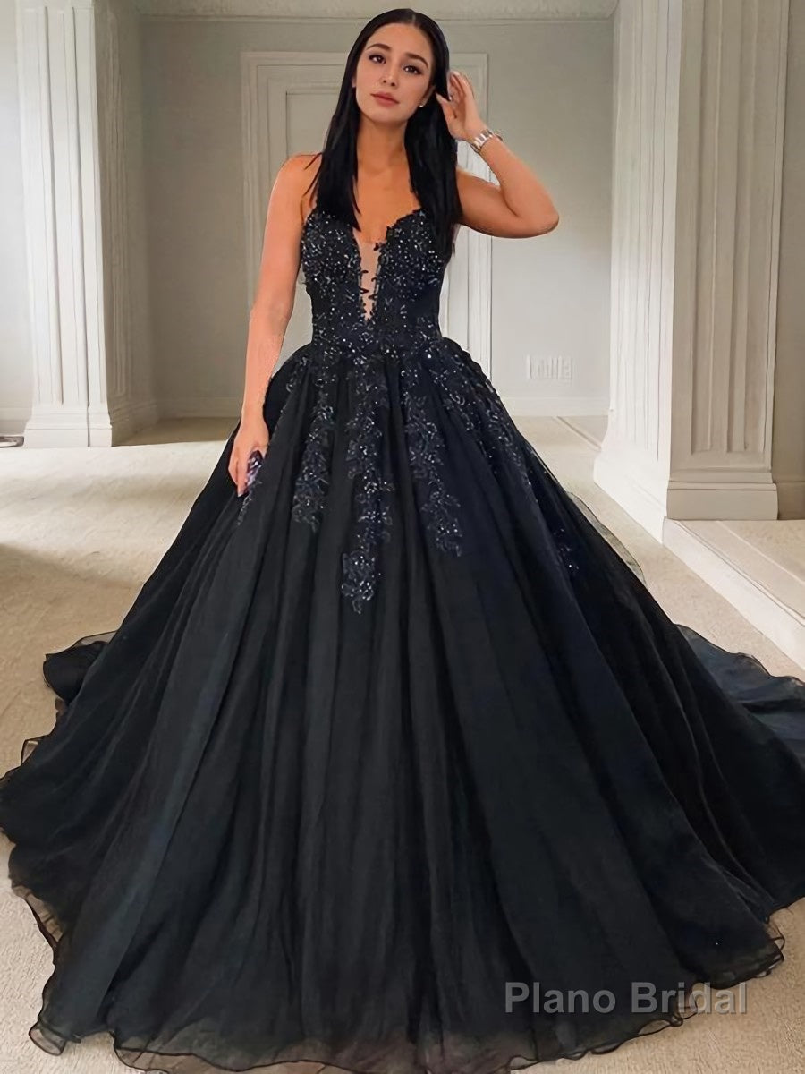 Ball Gown V-neck Court Train Tulle Prom Dresses With Appliques Lace Secondary image