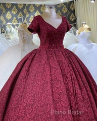 Ball Gown V Neck Lace Dresses With Sleeves