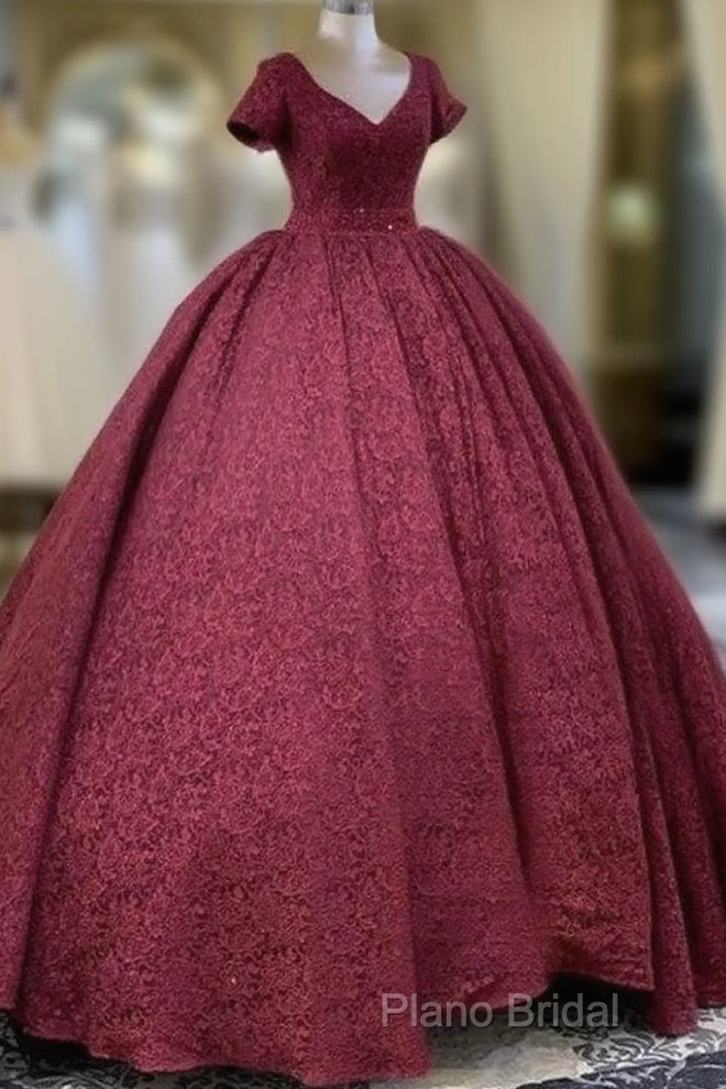 Ball Gown V Neck Lace Dresses With Sleeves Main image