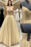 Ball Gown V Neck Sleeveless Long/Floor-Length Tulle Formal Prom Dresses With Pleated Sequins