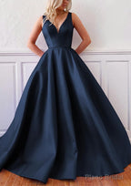 Ball Gown V Neck Sleeveless Satin Sweep Train Prom Dresses