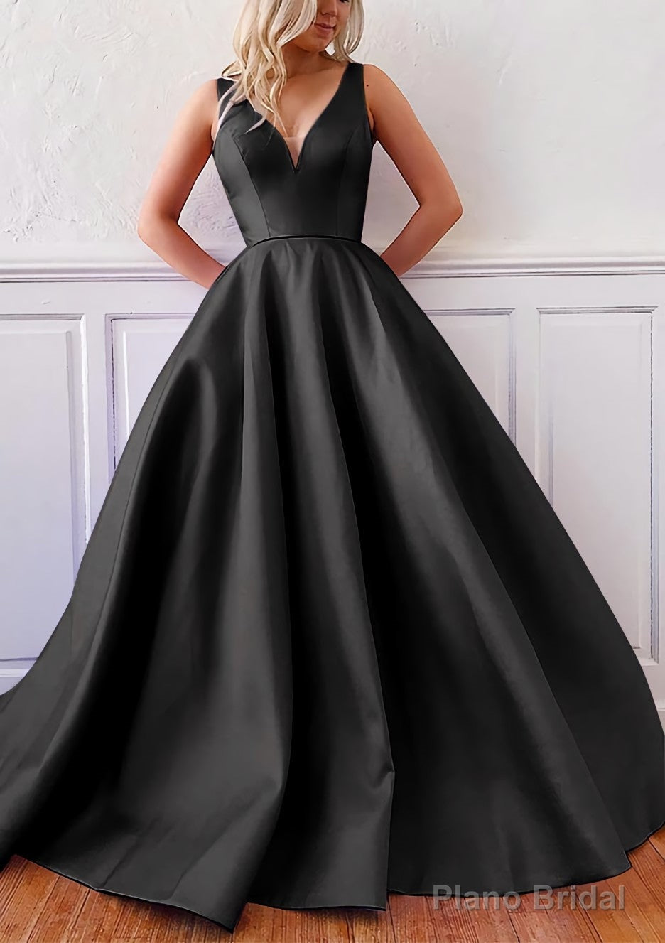 Ball Gown V Neck Sleeveless Satin Sweep Train Prom Dresses