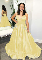 Ball Gown V Neck Spaghetti Straps Sweep Train Satin Prom Dresses With Pockets Beading