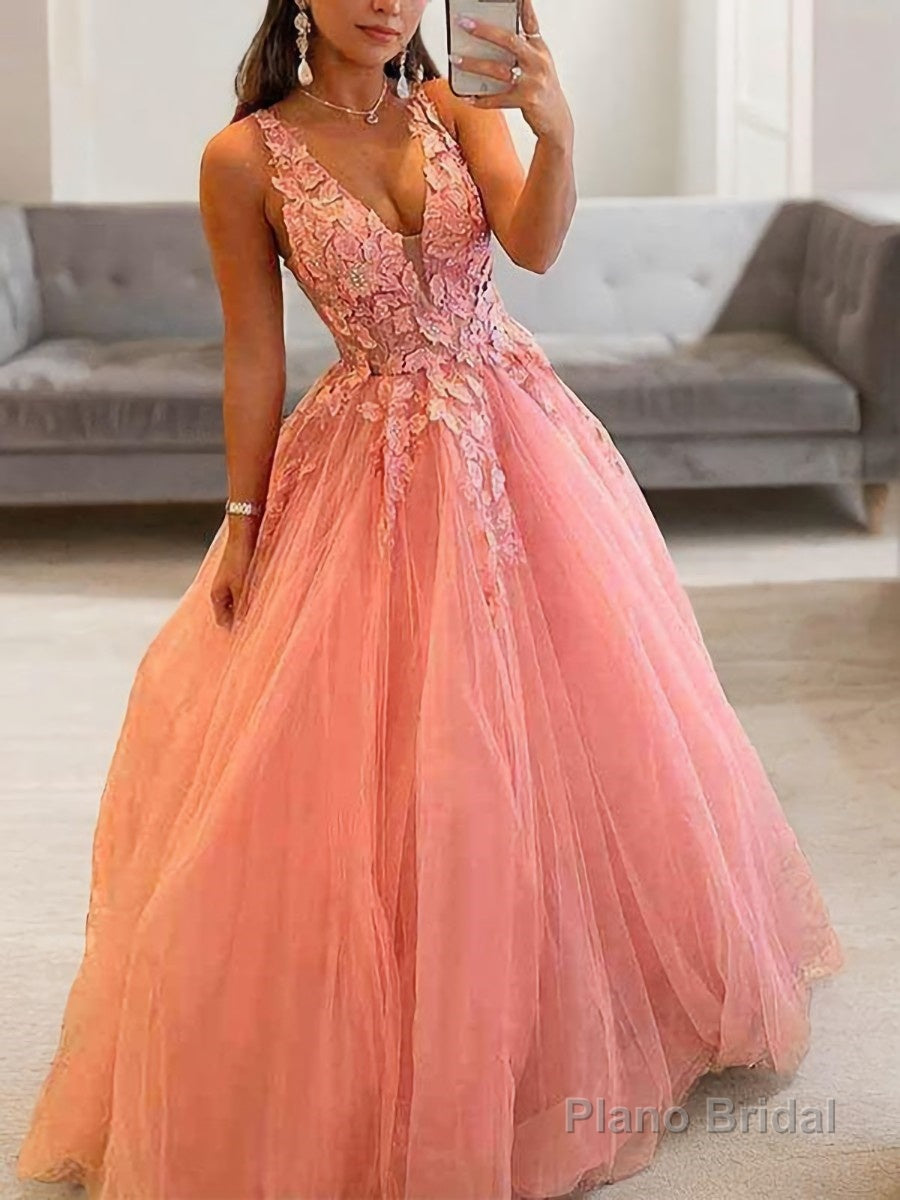 Ball Gown V-neck Floor-Length Tulle Prom Dresses With Appliques Lace Secondary image