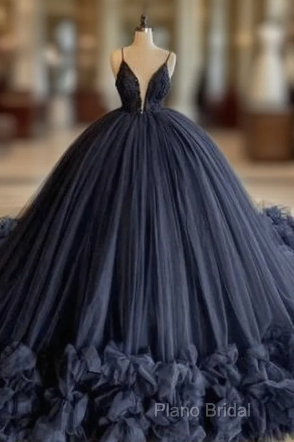 Ball Gown V Neck Tulle Black Wedding Dresses Spaghetti Straps Formal Dresses Main image