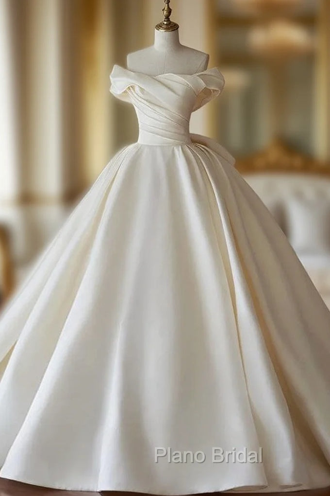 Ball Gown White Satin Off the Shoulder Pleats Wedding Dresses Main image