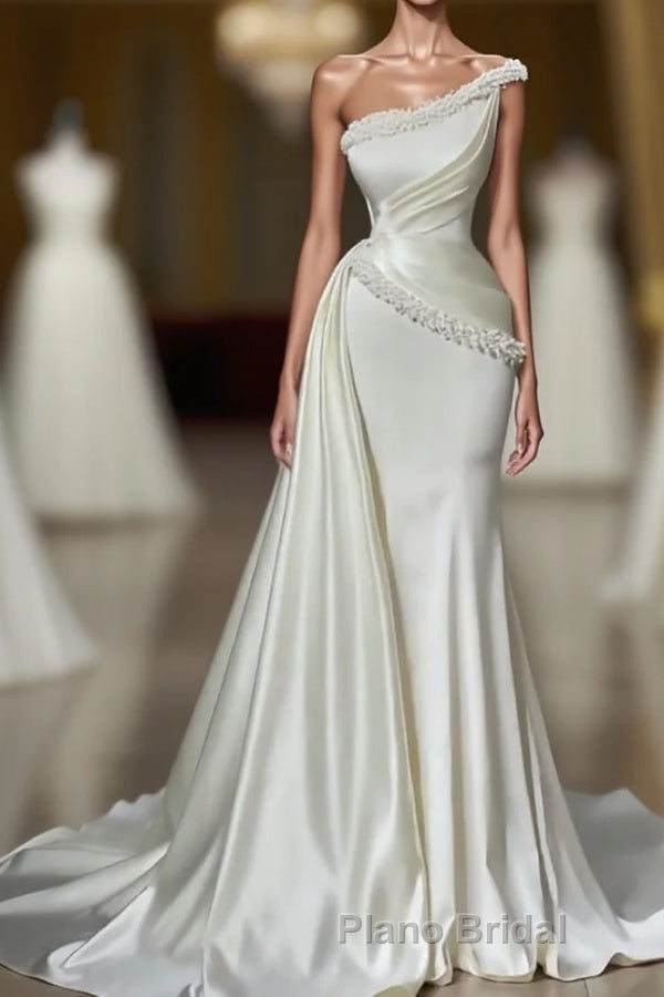 Chic Sleeveless Wedding Gowns With Beads Long White One Shoulder