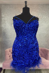 Feathers Red Sequin Straps Bodycon Short Homecoming Dresses