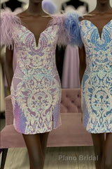 Blue Deep Off-the-Shoulder Sequins-Embroidered Sheath Homecoming Dresses