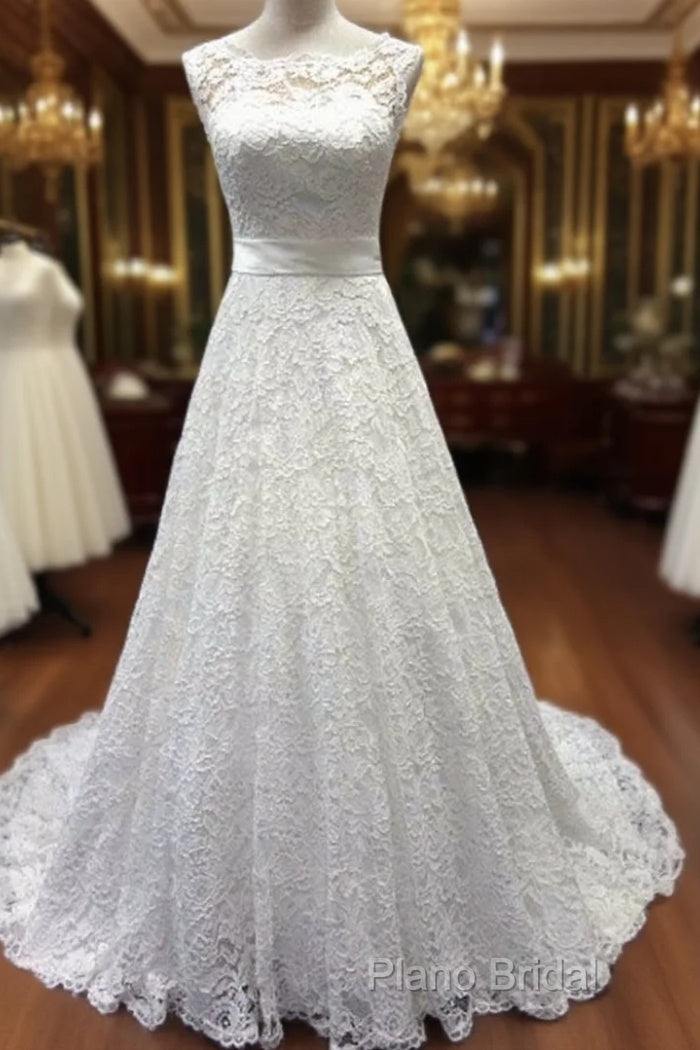 Bateau A-Line Lace Sash Bowknot Sleeveless Wedding Dresses Main image