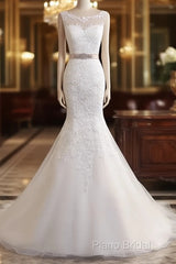 Bateau Neckline Mermaid Tulle Lace Wedding Dresses With Appliques