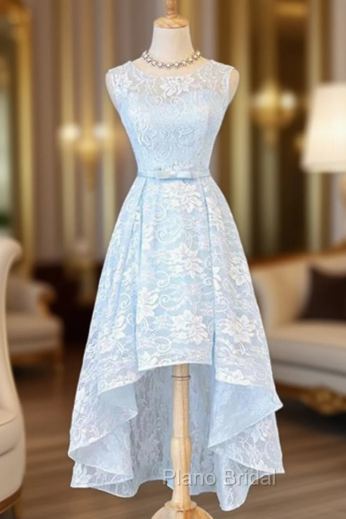 Bateau Sleeveless Asymmetrical A-line/Princess Lace Formal Prom Dresses With Waistband Bowknot