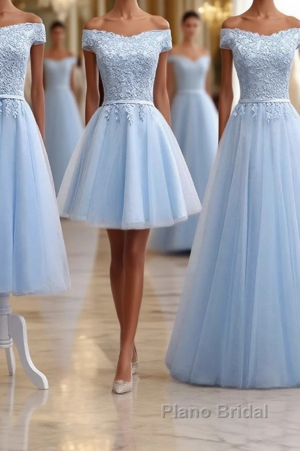 Sky Blue A Line Lace Off Shoulder Formal Prom Dress, Lace Evening Dresses