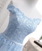 Sky Blue A Line Lace Off Shoulder Formal Prom Dress, Lace Evening Dresses