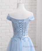Sky Blue A Line Lace Off Shoulder Formal Prom Dress, Lace Evening Dresses
