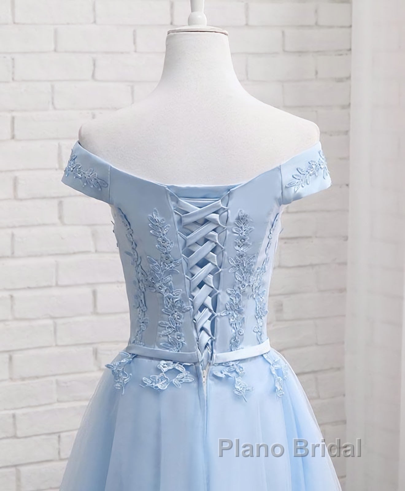 Sky Blue A Line Lace Off Shoulder Formal Prom Dress, Lace Evening Dresses