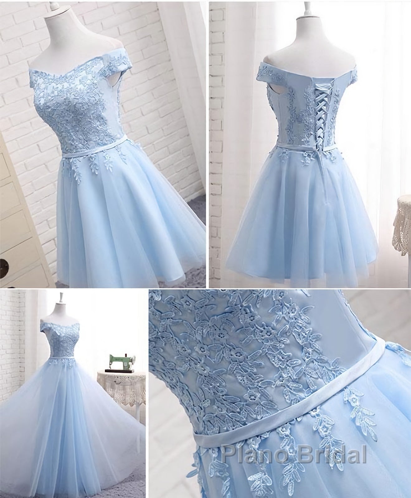 Sky Blue A Line Lace Off Shoulder Formal Prom Dress, Lace Evening Dresses