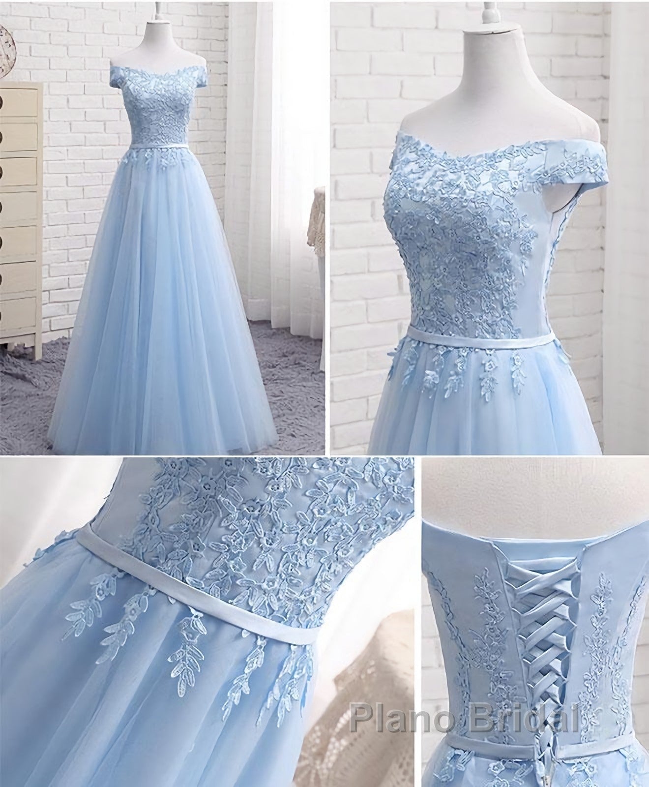 Sky Blue A Line Lace Off Shoulder Formal Prom Dress, Lace Evening Dresses