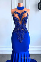 Royal Blue High Neck Sleeveless Mermaid Formal Prom Dress with Beadings