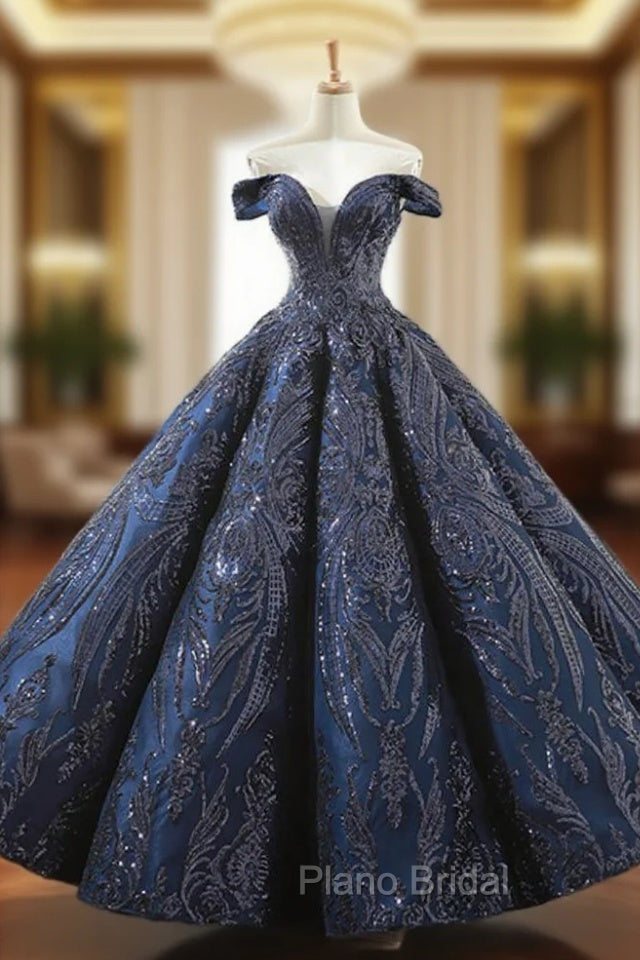 Be The Formal Prom Queen In Navy Blue Sequins Ball Gown Off The Shoulder Formal Prom Dresses Main image
