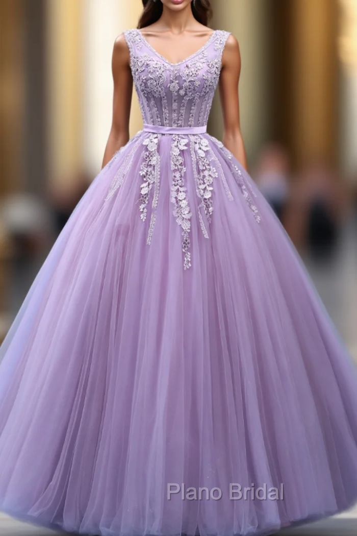 Be The Formal Prom Queen In Purple Ball Gown Tulle V-neck Appliques Beading Quinceanera Dresses Main image