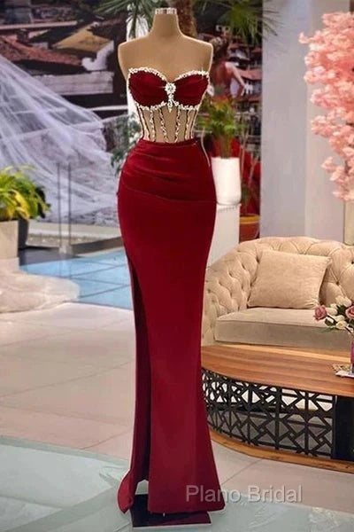 Beaded Burgundy Mermaid Formal Prom Dresses