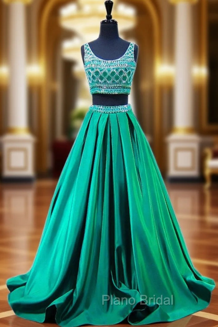 Beaded Crystals Beaded Floor Length Backless Two Piece Formal Prom Dresses Main image