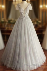 Beaded Lace Appliques Tulle V-Neck Gray A-Line Wedding Dresses